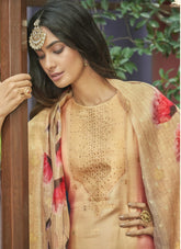 Chanderi Jacquard Digital Print Salwar Suit in Light Yellow